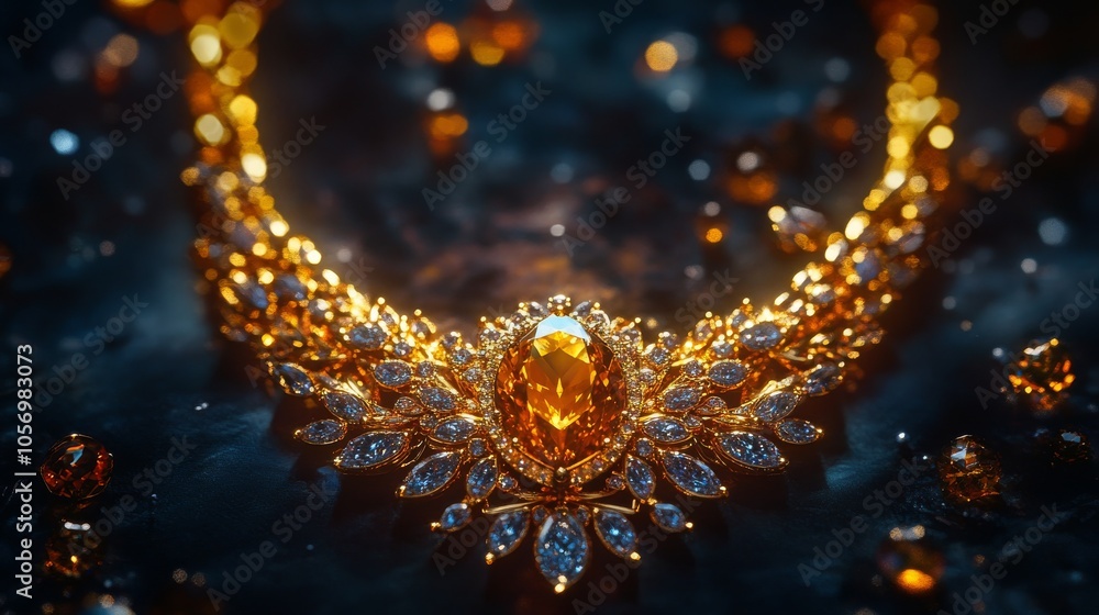 Golden Necklace with Large Topaz Gemstone and Smaller Diamonds Golden Necklace with Large Topaz Gemstone and Smaller Diamonds