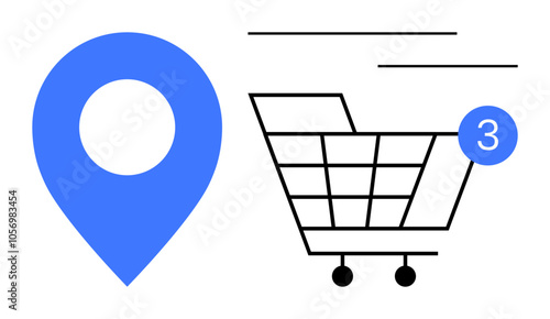 Blue location pin and shopping cart with 3 notification badge. Ideal for online shopping, logistics, delivery services, e-commerce alerts, location-based services, digital marketing, and order