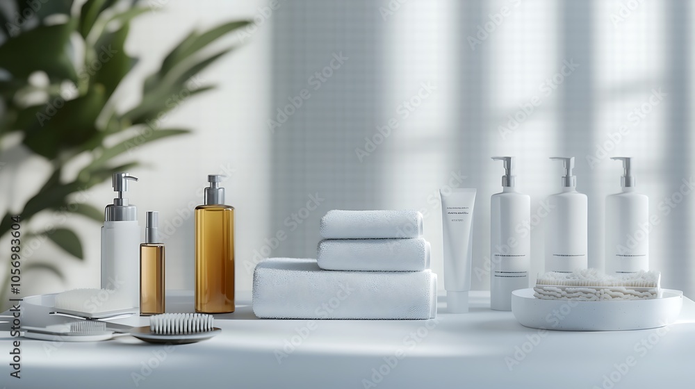 A group of white towels and bottles of liquid A group of white towels and bottles of liquid