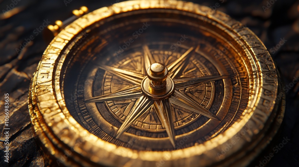 Close-up of a Golden Compass with Engraved Details Close-up of a Golden Compass with Engraved Details