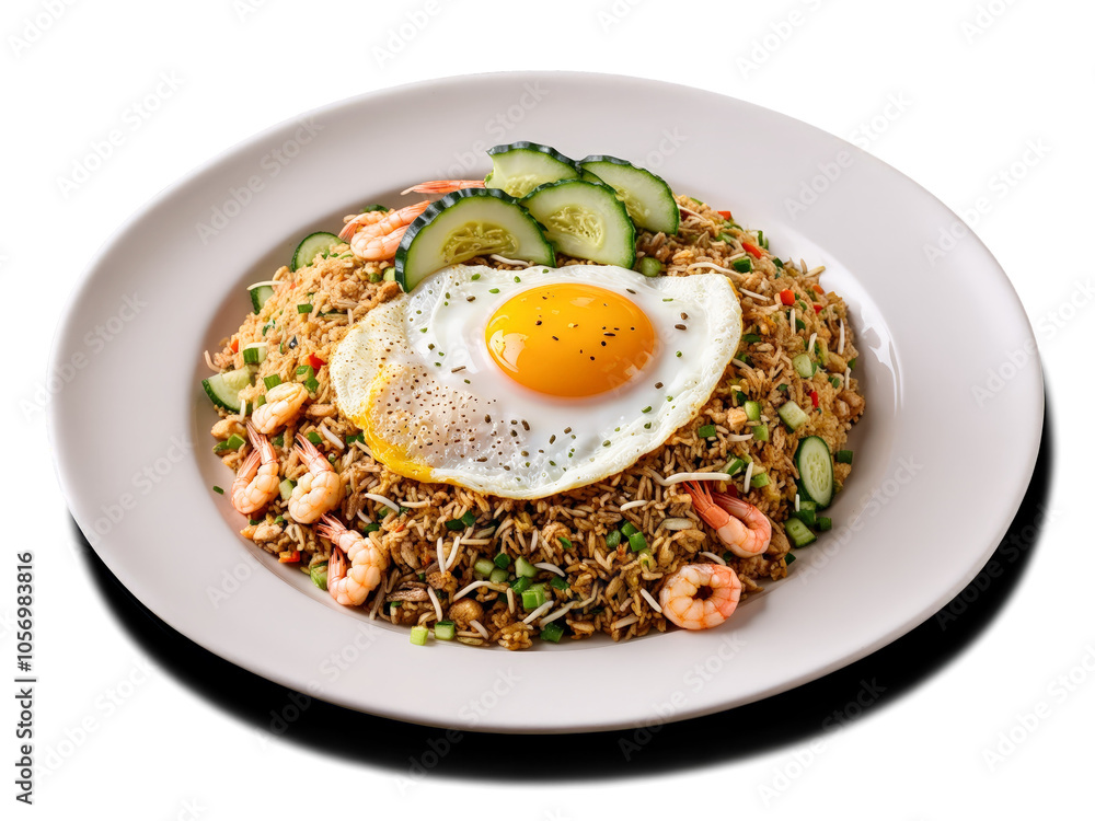 Nasi Goreng Fragrant wok fried rice with shrimp chicken and vegetables topped with fried egg Nasi Goreng Fragrant wok fried rice with shrimp chicken and vegetables topped with fried egg