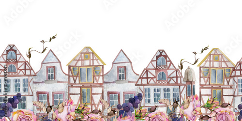 Old European city town street houses facades, dry rose berry. Historical cityscape building. Watercolor hand drawn seamless banner. For tourist shops, souvenirs, travel brochures, architectural bureau photo