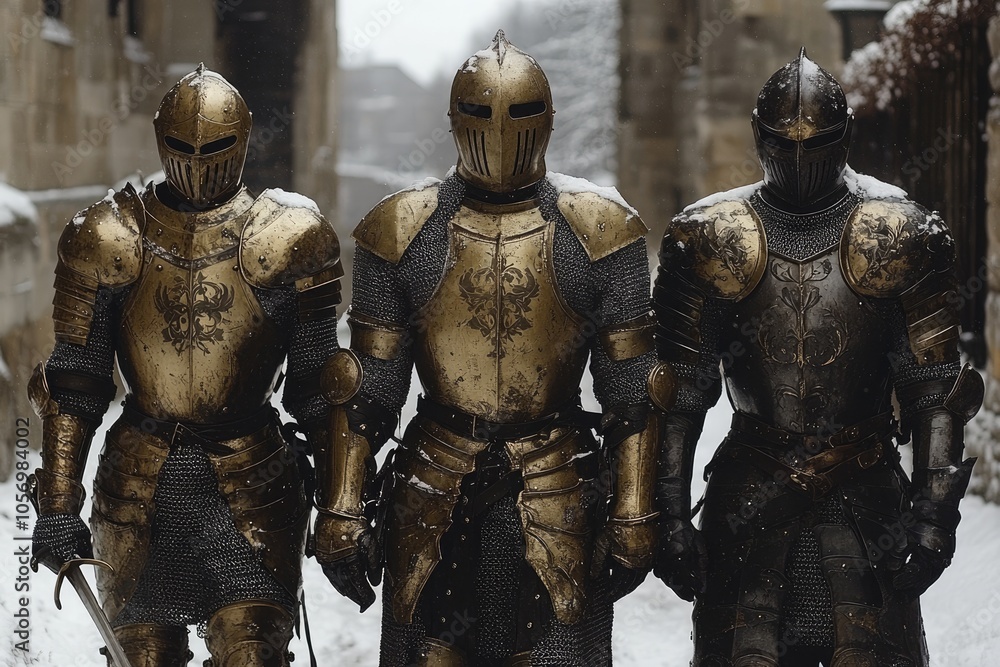 Three Knights in Full Armor Standing in the Snow Three Knights in Full Armor Standing in the Snow
