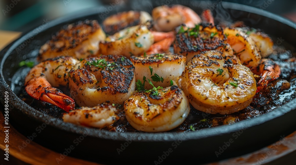 Close-up of Steaming, Sizzling, Grilled Shrimp and Scallops Close-up of Steaming, Sizzling, Grilled Shrimp and Scallops