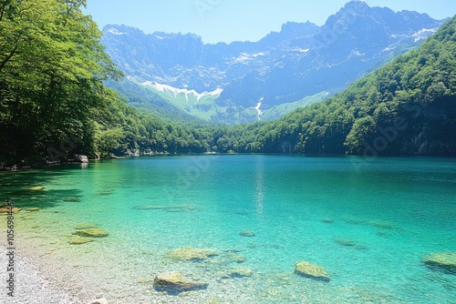 Tranquil Turquoise Lake Surrounded by Lush Green Mountains