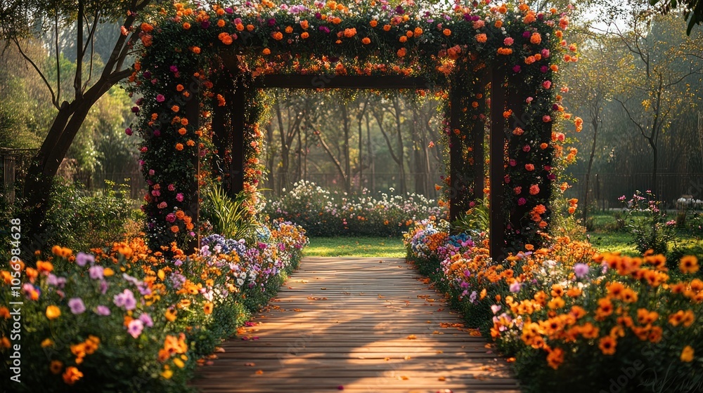 Fototapeta premium A wooden archway covered in blooming flowers leads to a pathway through a garden.