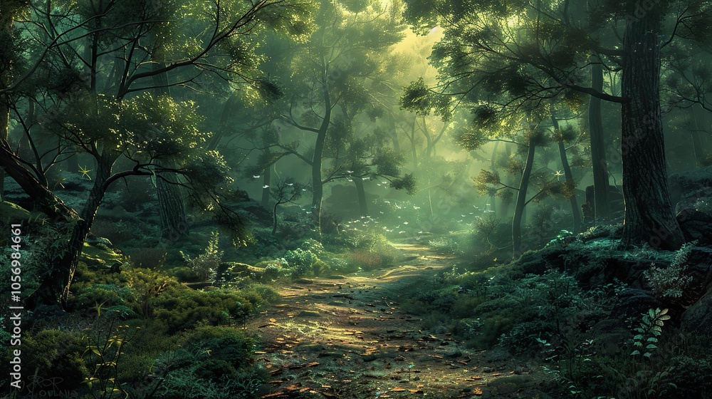 Obraz premium A forest path with trees and bushes