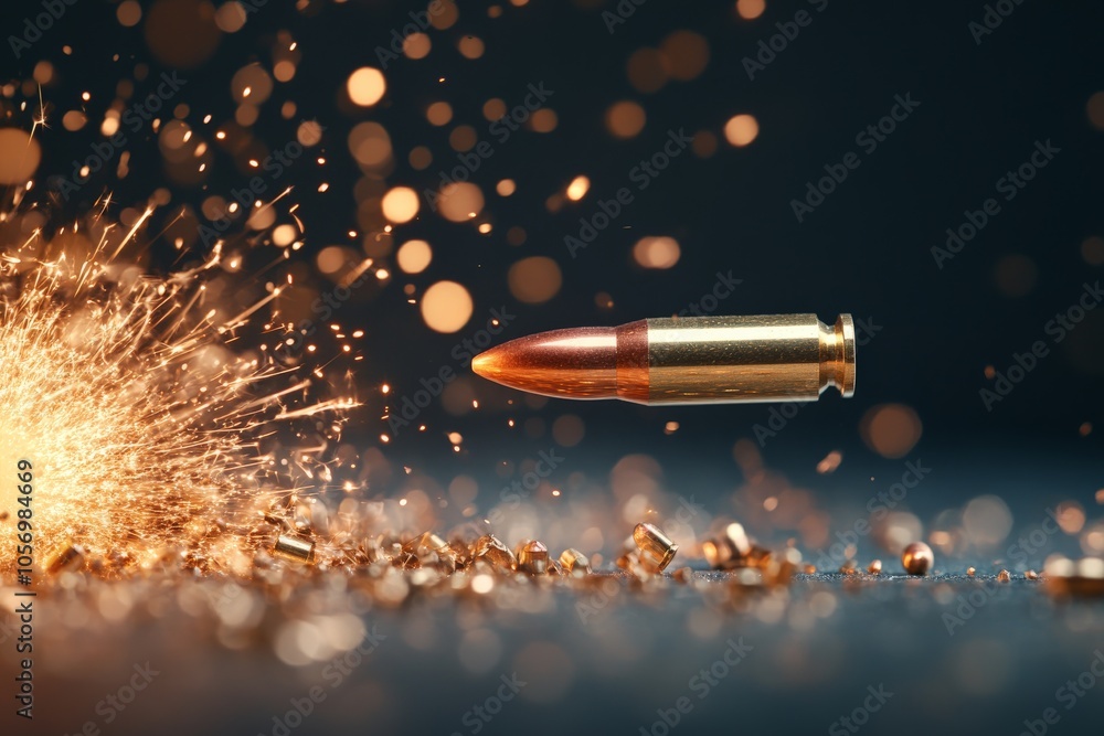 A bullet is captured mid-air with a sparkling burst, symbolizing energy, motion, and the power of explosive force in a vivid, high-resolution close-up scene. A bullet is captured mid-air with a sparkling burst, symbolizing energy, motion, and the power of explosive force in a vivid, high-resolution close-up scene.