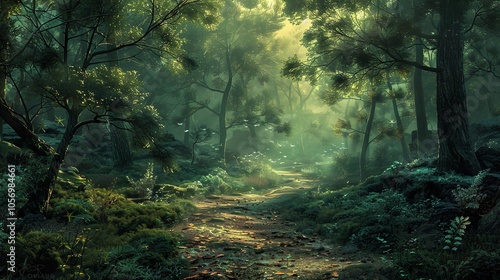 A forest path with trees and bushes