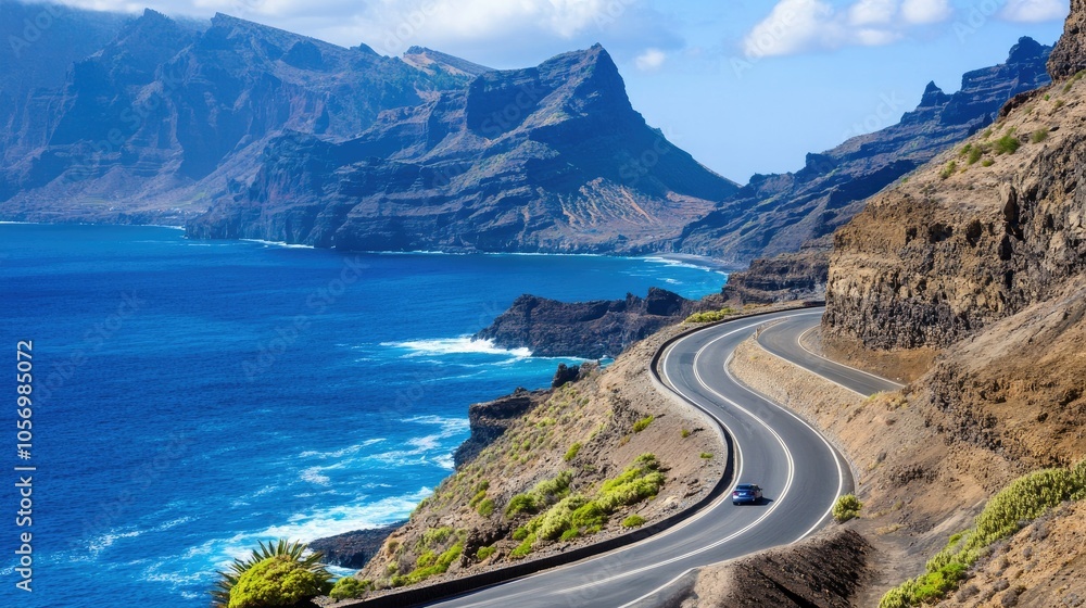 A winding road along the coast, surrounded by cliffs and blue ocean, car moving forward A winding road along the coast, surrounded by cliffs and blue ocean, car moving forward