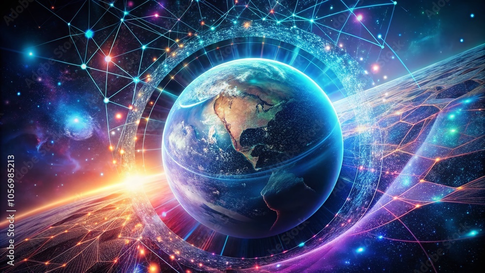 Abstract Blockchain Lines and Dots Over Planet with Glowing Nucleus and Glittering Particles Abstract Blockchain Lines and Dots Over Planet with Glowing Nucleus and Glittering Particles