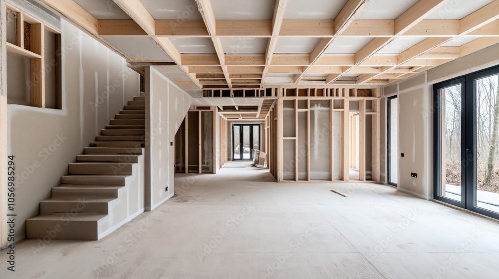 Modern interior of an unfinished residential building with exposed wooden beams and drywall installation, showcasing large windows and a staircase under construction. Modern interior of an unfinished residential building with exposed wooden beams and drywall installation, showcasing large windows and a staircase under construction.