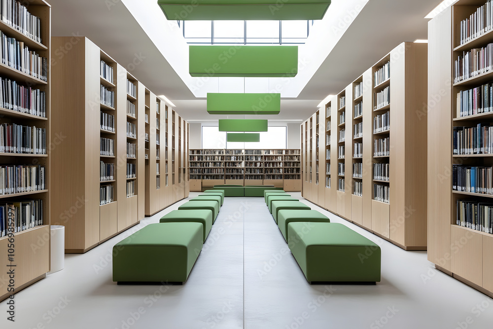 Contemporary library interior design featuring a plain, unadorned wall template. 3D render. Contemporary library interior design featuring a plain, unadorned wall template. 3D render.