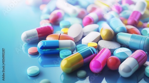 Colorful pills and capsules, season of ARVI diseases, vitamins and antibiotics. Pharmaceutical industry, rising prices of drugs, drug production, shortage of drugs in pharmacies advertising