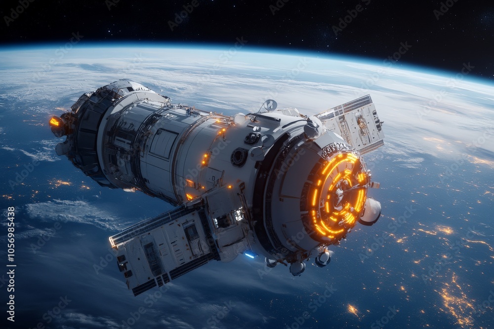 A detailed view of a spacecraft orbiting Earth with illuminated parts, showcasing engineering marvel and the dynamic nature of space exploration and innovation. A detailed view of a spacecraft orbiting Earth with illuminated parts, showcasing engineering marvel and the dynamic nature of space exploration and innovation.