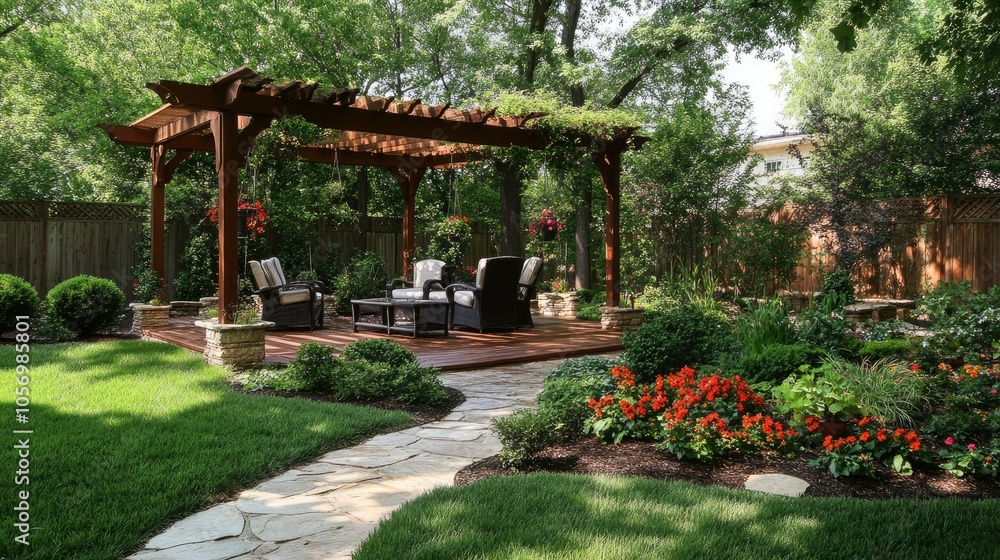 Back garden with pergola, cozy chairs, and flower beds for a relaxing feel Back garden with pergola, cozy chairs, and flower beds for a relaxing feel
