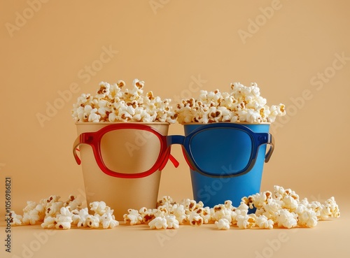 A pair of red and blue glasses with popcorn in brown paper cups on the tableready for watching movie The background is a light orange color photo