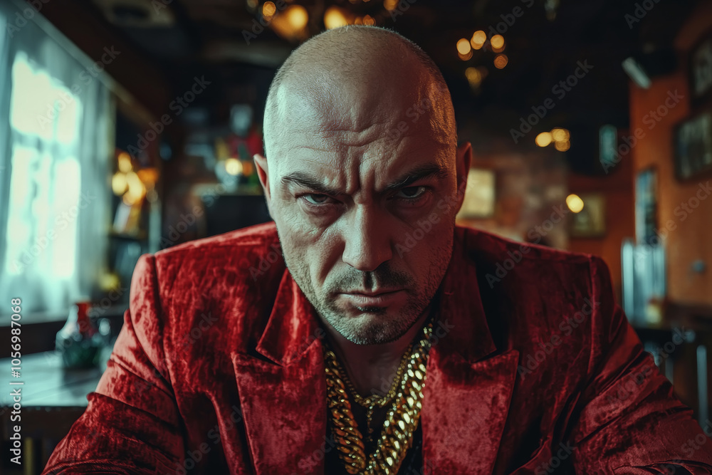 Intriguing portrait of a man in a red suit with a serious expression, captured in a dimly lit bar setting in the evening. Russian mafia Intriguing portrait of a man in a red suit with a serious expression, captured in a dimly lit bar setting in the evening. Russian mafia