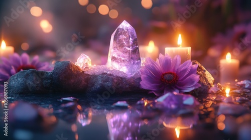 Crystal and Flower Arrangement with Candlelight in a Mystical Setting