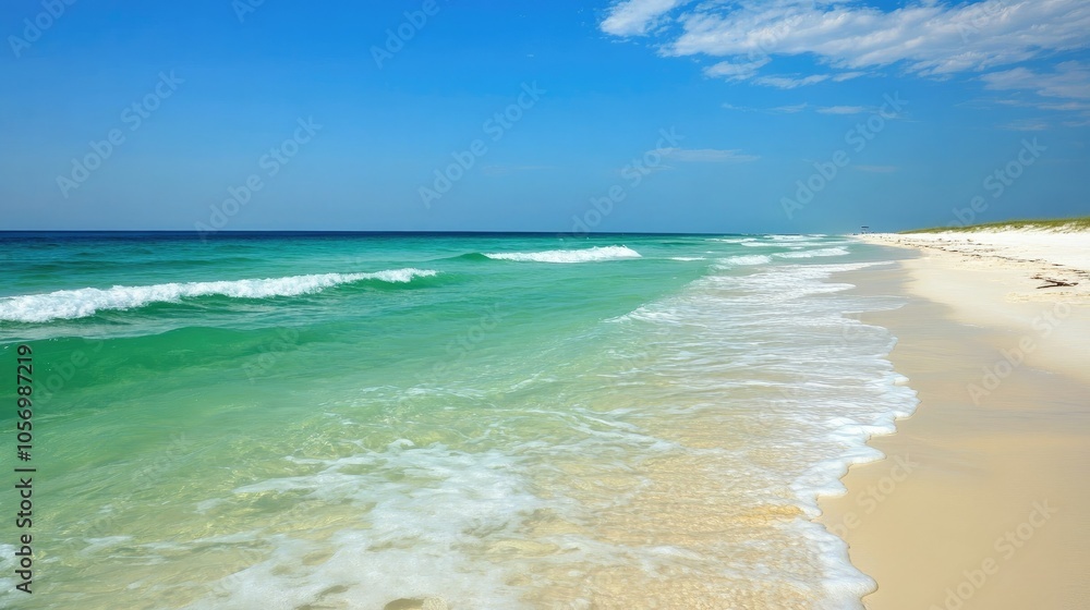 Clean, emerald-colored ocean waters and soft waves lapping at a white sandy beach Clean, emerald-colored ocean waters and soft waves lapping at a white sandy beach