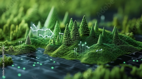 Miniature Forest Growing on a Tech-Based Surface with Data Graphs photo