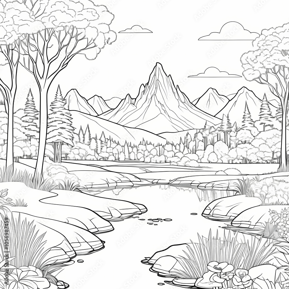 Fototapeta premium Landscape Coloring Book Page - Scenic Nature Illustration