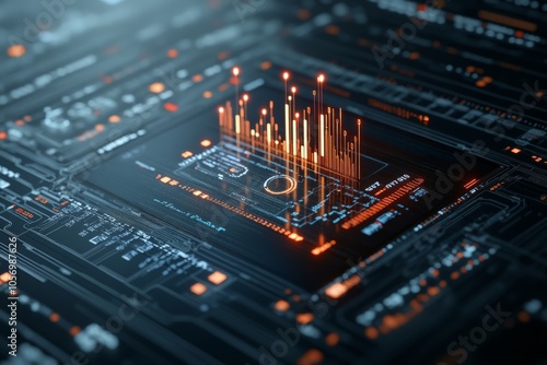 A futuristic glowing interface featuring orange data charts and analytics, emphasizing the integration of technology, finance, and modern design in digital realms. photo