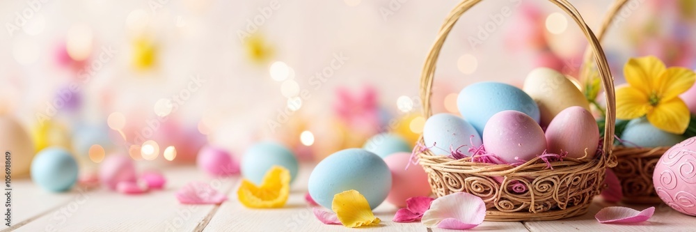 Happy easter, Easter painted eggs in the basket on wooden rustic table for your decoration in holiday. copy space. Website template banner Happy easter, Easter painted eggs in the basket on wooden rustic table for your decoration in holiday. copy space. Website template banner