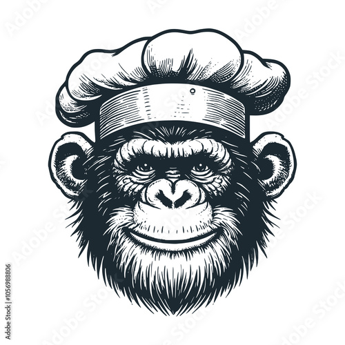 Chef's hat on monkey's head. Black white vector illustration. photo