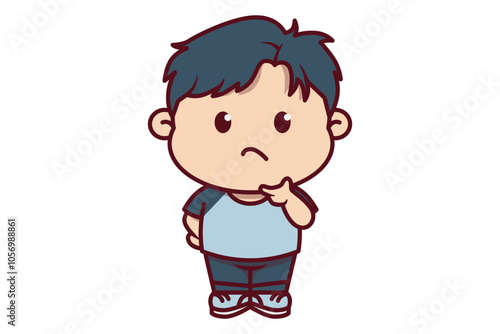 Cute Boy Thinking with Hand on His Chin Illustration