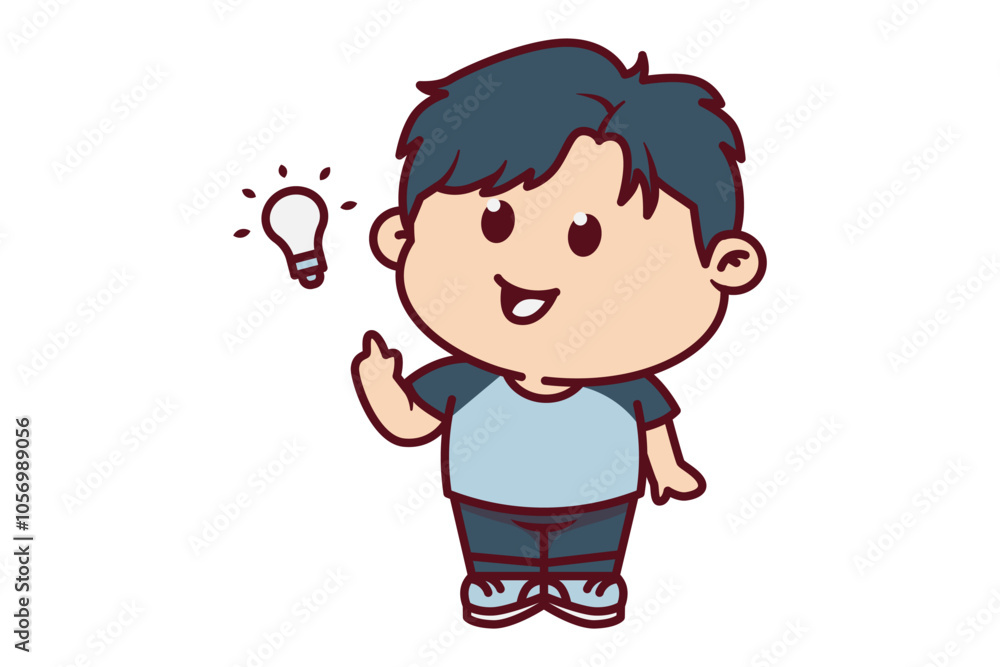 Cute Boy Find Ideas with Lightbulb Illustrations Cute Boy Find Ideas with Lightbulb Illustrations