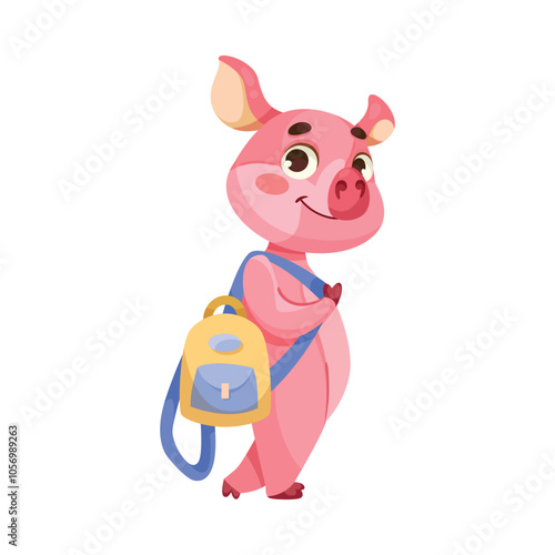 Pink Piglet Character with Hoof Stand with Backpack Vector Illustration