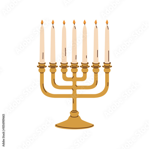 Candles in candelabrum. Menorah with multiple branches and candleholders. Jewish religious candelabra, traditional design. Light holder. Flat vector illustration isolated on white background