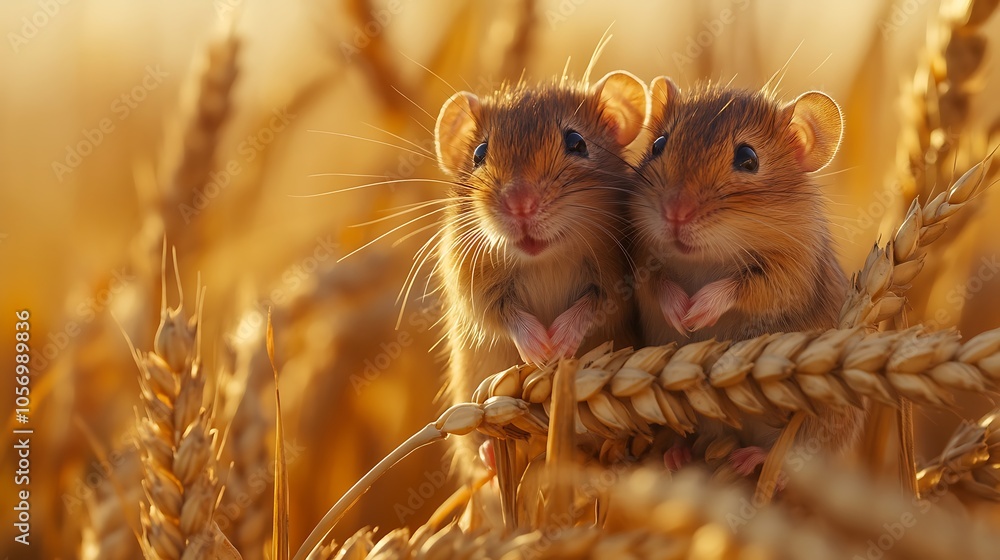 two mice standing on a branch in a wheat field two mice standing on a branch in a wheat field