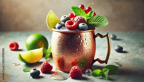 A chilled Moscow Mule cocktail served in a classic copper mug with fresh berries