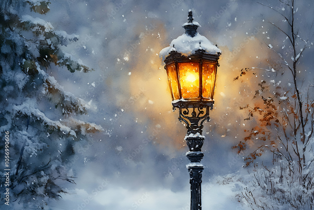 A glowing streetlamp in a snowy landscape, illuminated against a winter backdrop, creates a warm ambiance in a tranquil, snowy scene. A glowing streetlamp in a snowy landscape, illuminated against a winter backdrop, creates a warm ambiance in a tranquil, snowy scene.