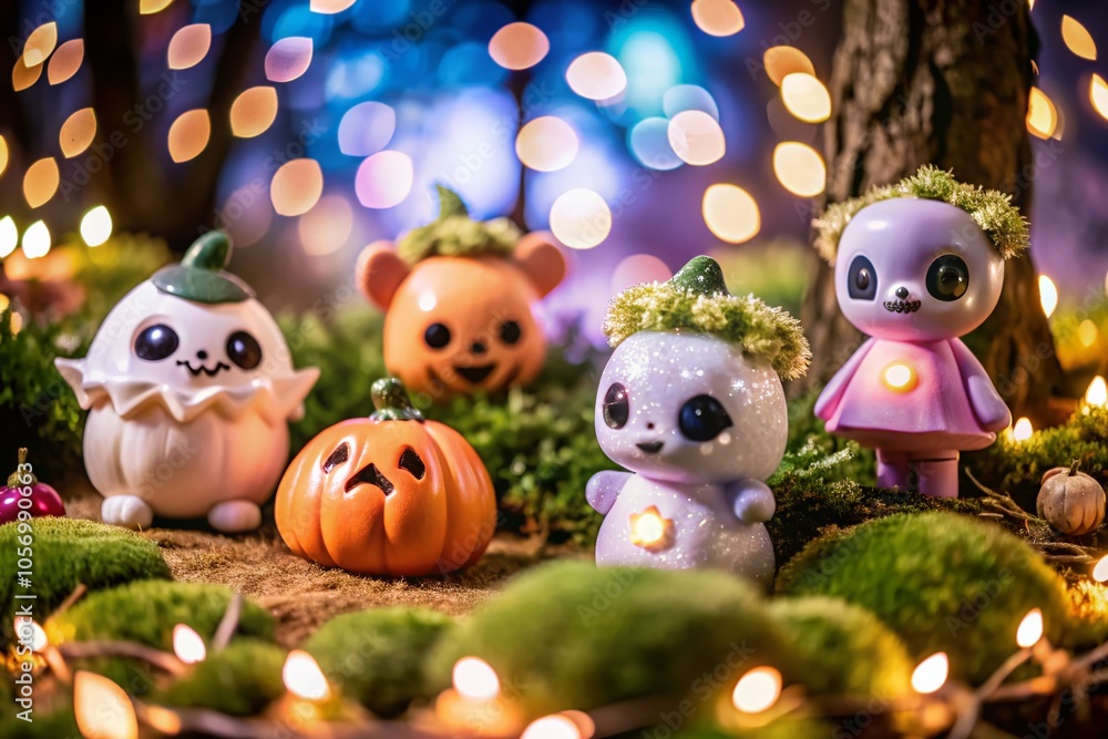 Fototapeta premium Adorable Halloween Monsters in a Haunted Forest with Glowing Pumpkins and Ghostly Figures for Spooky Celebrations