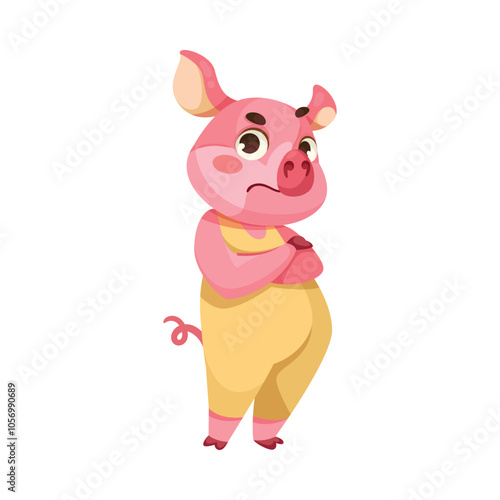 Pink Piglet Character with Hoof Stand with Grumpy Face Vector Illustration