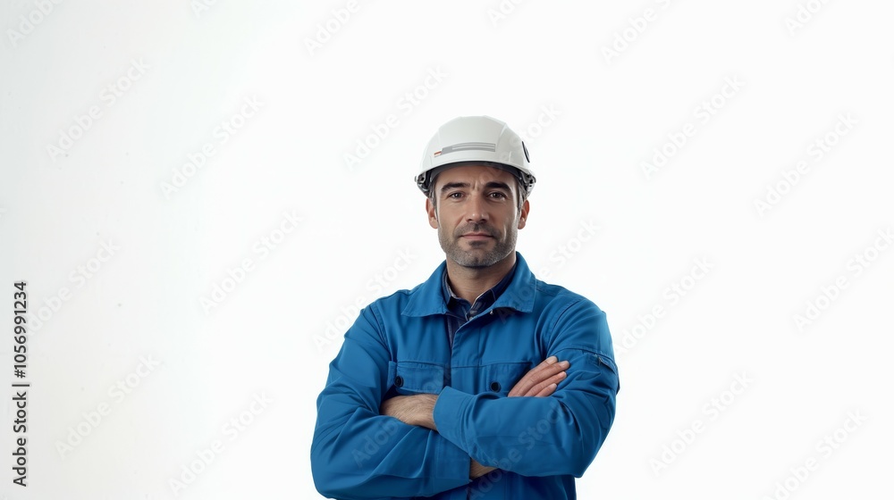 A confident male engineer, arms crossed, wearing blue workwear and a white safety helmet on a white background A confident male engineer, arms crossed, wearing blue workwear and a white safety helmet on a white background