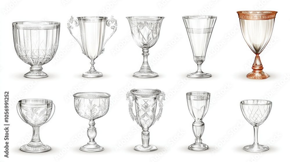 Realistic vector of glass and metal trophies, each with intricate details, on white Realistic vector of glass and metal trophies, each with intricate details, on white