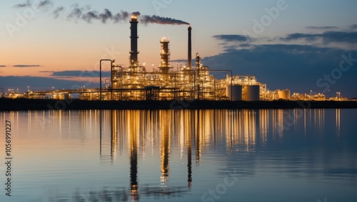 Oil refinery plant reflecting on water, serene yet industrial setting