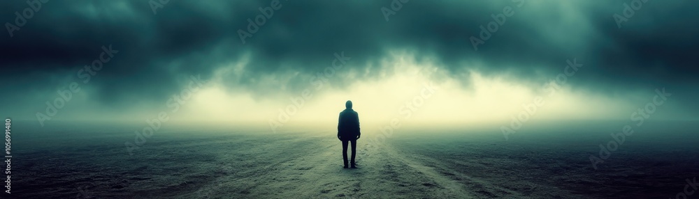A Solitary Figure Walks Through a Desolate Dystopian Landscape, Lost in the Fog of Loneliness and Uncertainty, Seeking Hope in a World of Ruin A Solitary Figure Walks Through a Desolate Dystopian Landscape, Lost in the Fog of Loneliness and Uncertainty, Seeking Hope in a World of Ruin