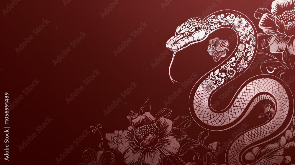 Artistic representation of a red and white snake decorated with floral patterns celebrating the Chinese New Year 2025, symbolizing the Zodiac Snake Artistic representation of a red and white snake decorated with floral patterns celebrating the Chinese New Year 2025, symbolizing the Zodiac Snake
