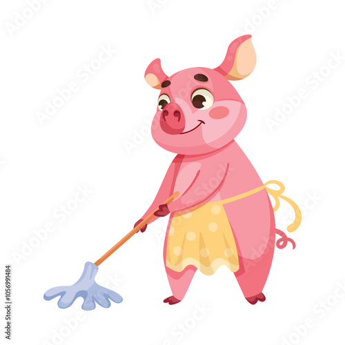 Pink Piglet Character with Hoof Mop Floor Vector Illustration