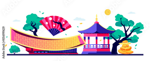 Beauty of Korean national architecture - modern colored vector illustration with wooden gazebo, fan with the image of a sakura branch and National Library in Sejong building. Summer nature and trees