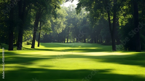 A golf course green with a flag in the background of a forest