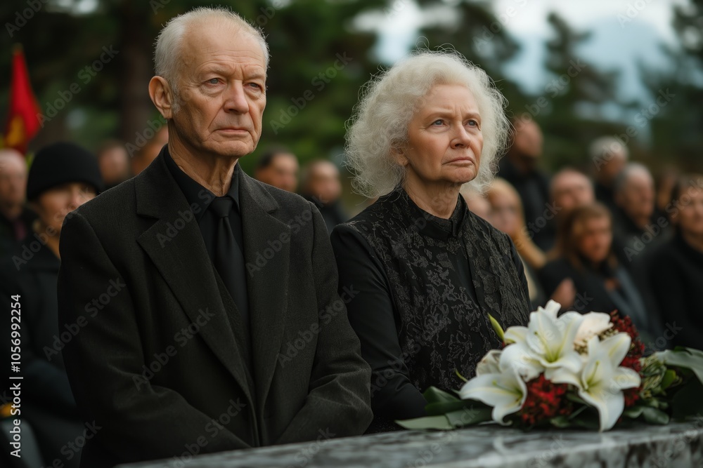 Elderly couple with white lilies, standing in a respectful manner among a group of people Elderly couple with white lilies, standing in a respectful manner among a group of people