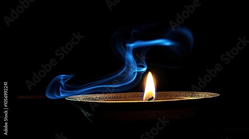 A lit incense stick placed near a candle, with curling smoke adding a mystical, spiritual atmosphere.