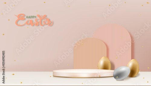 Happy Easter banner for product present.Background Pink pedestal podium with Silver,Golden eggs on beige floor,Vector Studio room with 3D Mockup Display for Easter Sale,Promotion Banner