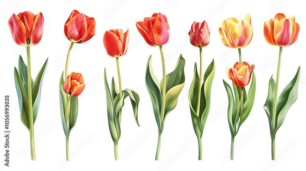 Set of beautiful red and yellow spring tulips on white background. Botanical vintage watercolor illustration. Spring composition for greeting cards, holidays Set of beautiful red and yellow spring tulips on white background. Botanical vintage watercolor illustration. Spring composition for greeting cards, holidays